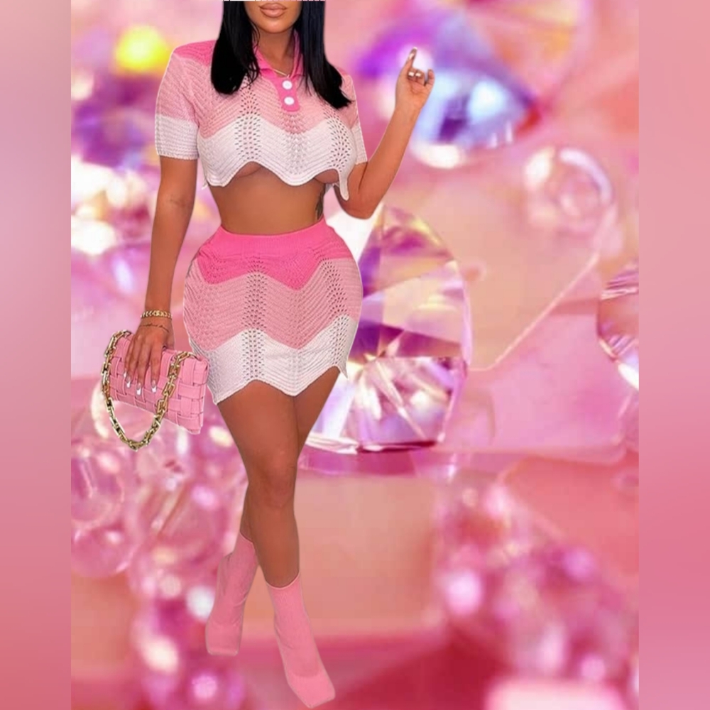 Pink and White Chevron Knit Crop Sweater & Skirt Set